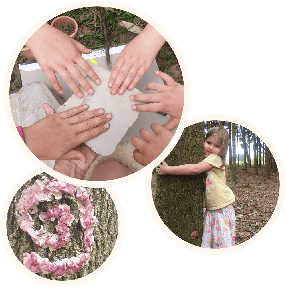 Fotocollage von Händen, einem Kind und einem Baum